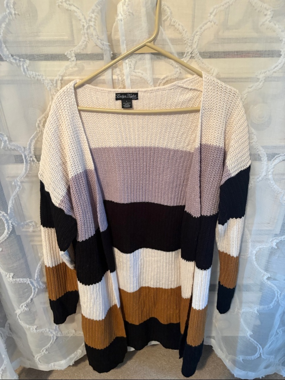 Open-Front Striped Knit Cardigan - Beige, Black & Brown